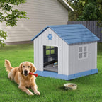 Dog House Indoor Outdoor for Small to Large Sized Dogs Resin Outdoor Dog House with Ventilation Puppy Shelter with Elevated Floor, Easy to Assemble, Blue