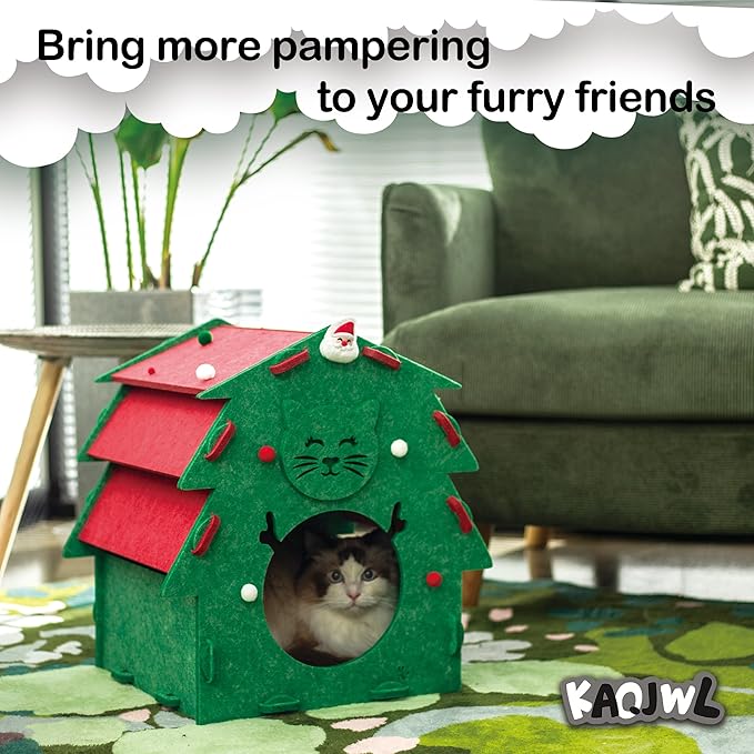 KAQJW Christmas Detachable Felt Cat Bed Condo Shelter House for Indoor Use - Easy to Assemble, Durable and Warm Funnest - Cozy Shelter with Built-in Scratching Board and Bonus Cat Toys
