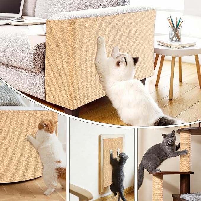Cat Scratch Mat for Couch, Wall & Cat Tree - 78.7" Trimmable Self-Adhesive Cat Scratcher, Cat Scratch Furniture Protector, Felt Alternative to Sisal, DIY Cat Tower Replacement, 2 Pack(Khaki)