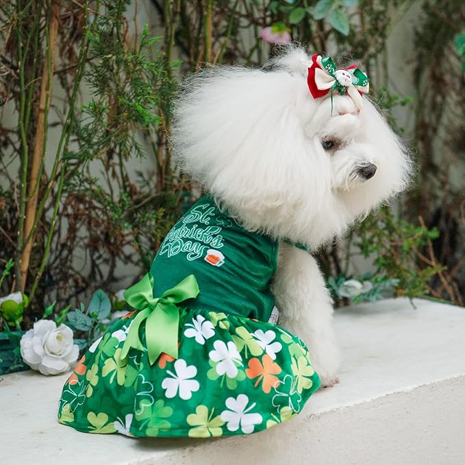 CuteBone St.Patrick's Day Dog Green Dress Velvet for Small Dogs Girl Puppy Dresses Clover Dog Clothes CVA13S-D