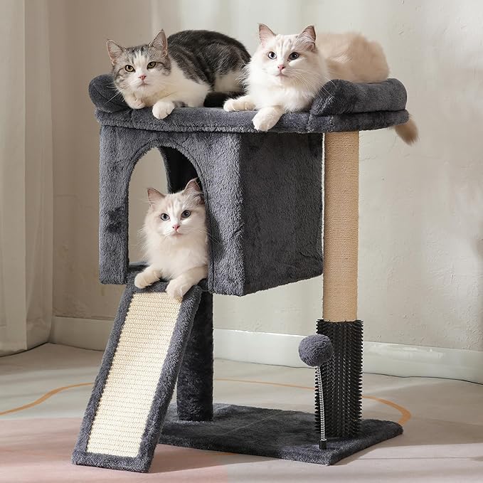 Small Cat Tree Tower for Large Cats with Spacious Top Bed 20x13.8”Private Cat Condo,Sisal Scratching Post and Ramp and Self Groomer and Spring Ball-Dark Grey