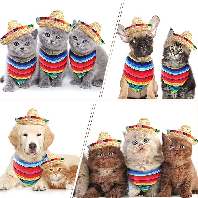 8 Pcs Mexican Dog Costume Sombrero Mexican Hats Dog Sombrero Hats and Colorful Stripe Dog Bandana Pet Triangle Bib Pet Scarf for Fiesta Cinco de Mayo Pets Accessories
