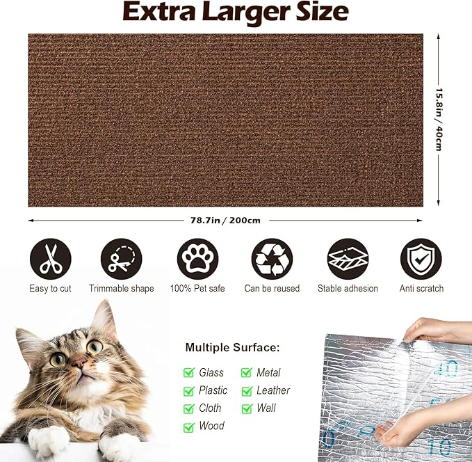 Cat Scratch Mat - 78.74"x15.74" Self-Adhesive Anti Scratching Pad for Couch, Trimmable DIY Cat Sofa Furniture Wall Cat Tower Protector, Replacement Pads for Pet Couch Protector from Claws Dark Brown