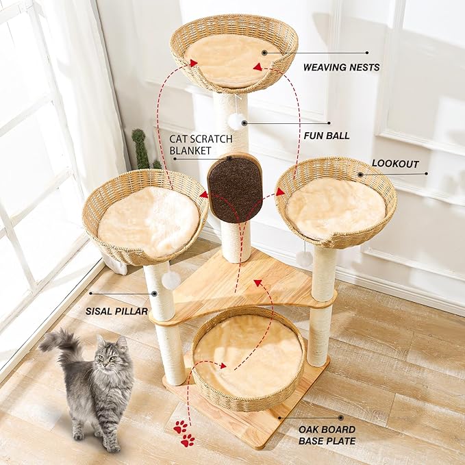 Cat Tree for Indoor Cats，54''Multi-Level Cat Tower for Large Adult, Sturdy Cat Tree House with 4 Plush Perches/Condos, 1 Scratching Boards 7 Posts, and Easy to Assemble.