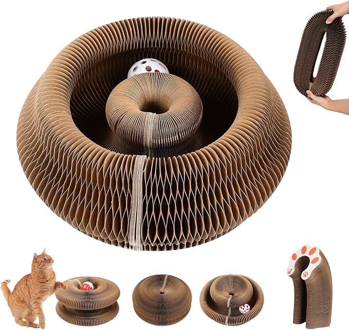 Magic Organ Cat Scratching Board, Foldable Accordion Interactive Cat Toy with Bell Ball, Durable Cardboard Scratch Pad for Cat Grinding Claw & Indoor Play