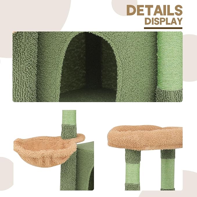 42" Cactus Cat Tree with Sisal Scratching Ramp, Cats Tower with Cozy Condos, Hammockand, Bed Perch Activity Center for Kittens to Adults Cats, for Living Room, Bedroom, Apartments, Green