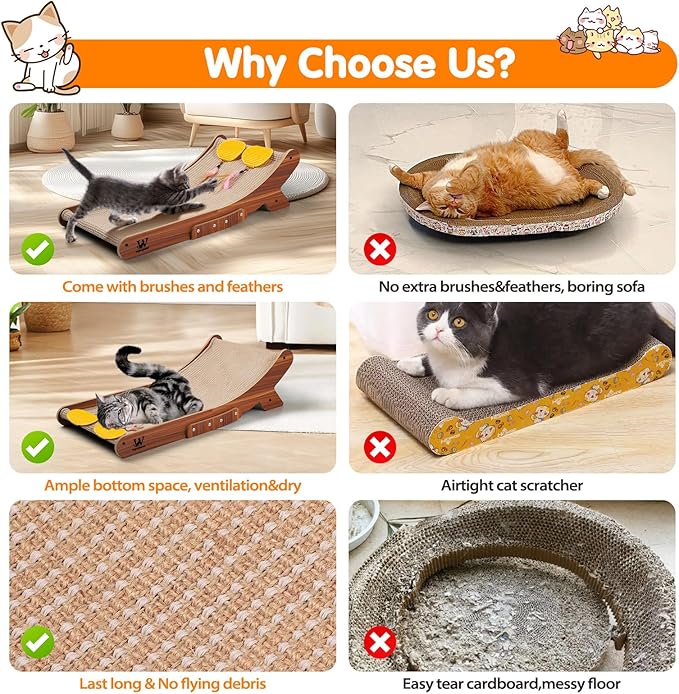Sisal Cat Scratcher Bed, Natural Solid Wood Scratch Lounger, No Mess Scratching Chair Couch for Indoor Cats, 26 Inch Cat Scartching Pad, 3 in 1 Scratching Board, Furniture Protector