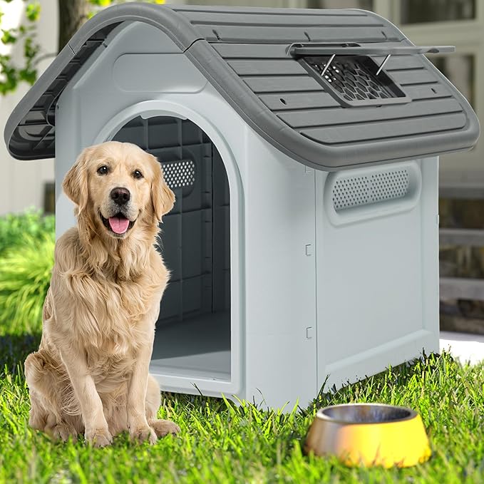 DWVO 39.4'' Plastic Foldable Dog House for Small, Medium, and Large Dogs, Waterproof Folding Pet House with Adjustable Top Window and Elevated Base (39.4''L x 33.5''W x 37.8''H)
