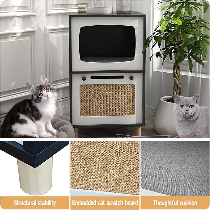 TaoHFE Cat Hideaway Modern Cats Furniture for Living Room Cat Houses for Indoor Cats with Scratching Pad & Soft Cushion, Cats Beds for Indoor TV Design end Table, Black