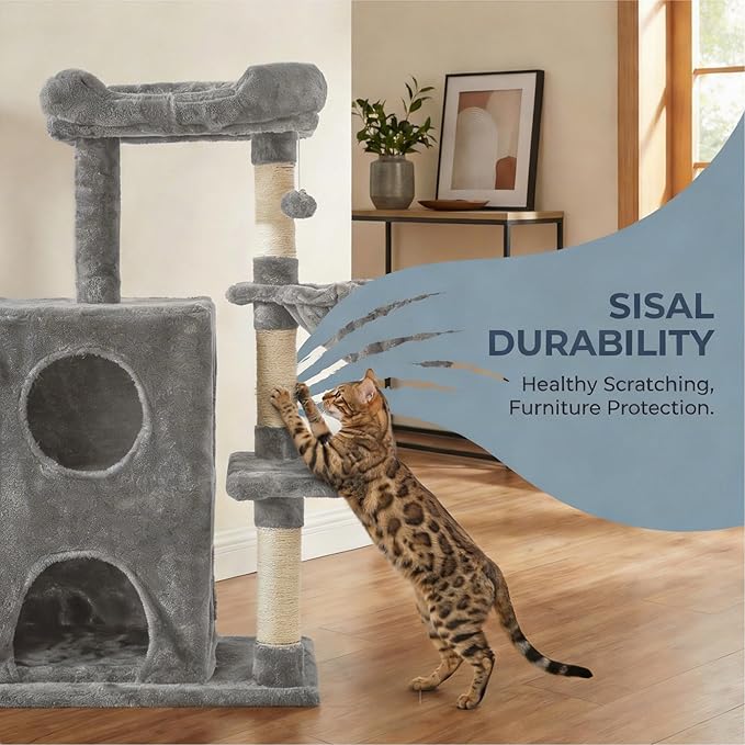 Cat Tree Tower for Indoor Cats, 36-inch Adult Cat Tree House for Large Adult Cats with Steps, Scratching Post, 2 Cat Condo, Dangling Toys, Light Grey