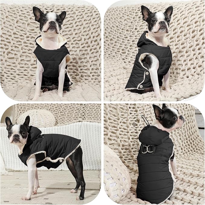 Fleece Lining Dog Hoodie with Harness Built in,Extra Warm Large Dog Jacket in Winter Doggie Coats with Drawstring Hooded,Black XXL