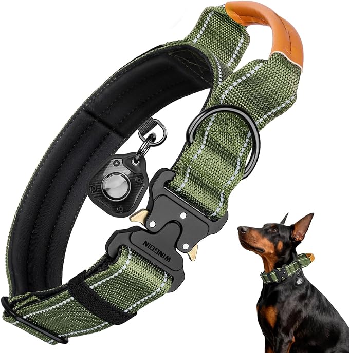 WINGOIN Tactical Dog Collar with AirTag Holder, Reflective Dog Collar for Large Dogs, Metal Buckle, Heavy Duty, Nylon Control Handle for Hunting, Training, Walking, Green, L