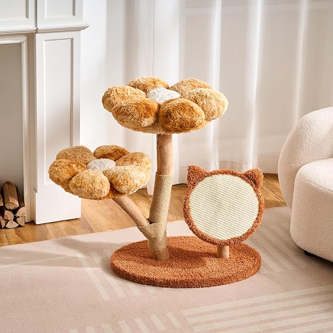 797Audio Natural Wood Flower Cat Tree, Modern Cat Tower with Real Solid Wood Branch, Luxury Aesthetic Cat Tree with Scratching Post,Scratch Pad,Cat Tree Tower for Indoor Large Adult Cats,Autumn Yellow