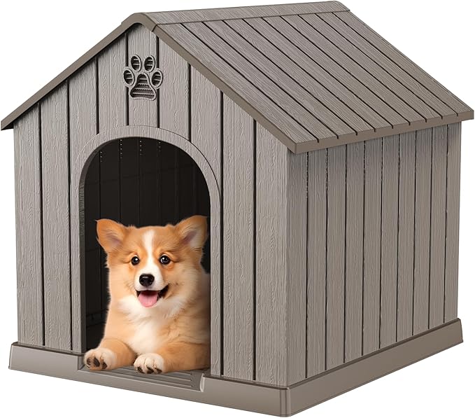 VIXZEN Dog House Outdoor, 26 Inch Resin Dog House Indoor Small Dog - Waterproof & UV-Resistant, Hidden Vents & Stable Structure, Easy Assembly, Versatile Storage, All-Weather Doghouse Outdoor (Grey)