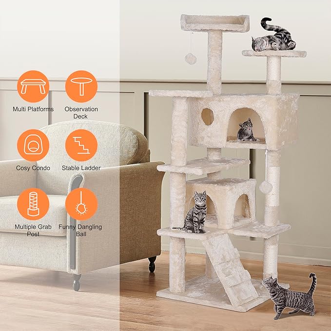 53 inches Heavy Duty Multi-Level Cat Tree Tower with Condo Furniture & Scratching Posts for Kittens Play Rest (Beige)