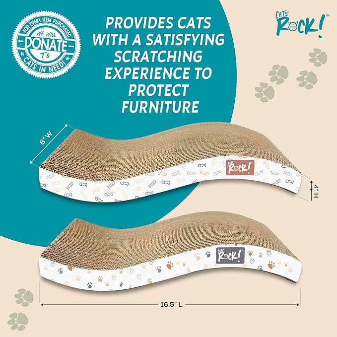 Cats Rock Scratching Board for Indoor Cats, Corrugated Cardboard Cat Scratcher with Catnip, Double-Sided Scratch Pad, Paws & Sardines Wave Design (Pack of 2)