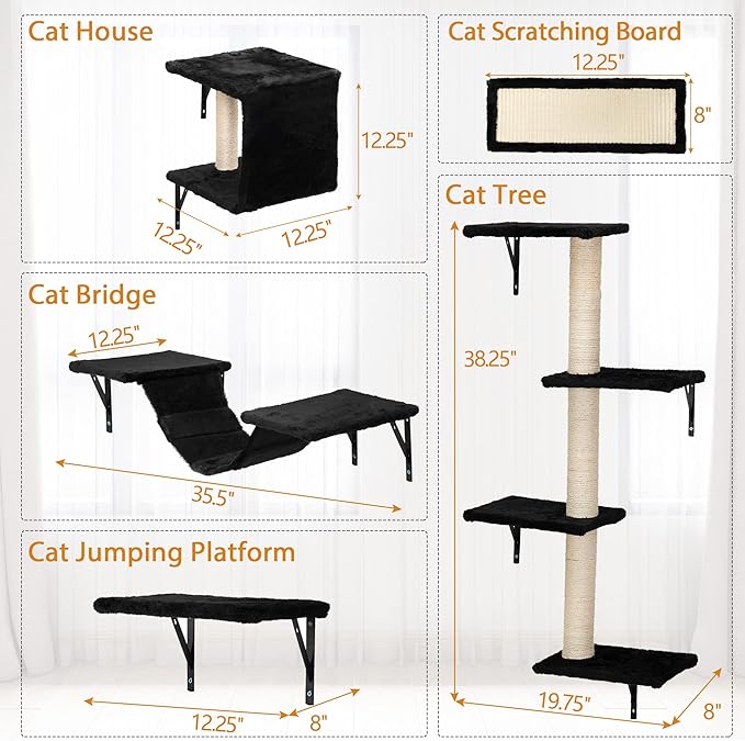 5 Pcs Wall-Mounted Climber Set, Wood Indoor with Shelves and Perches, Ladder, Condo House, Scratching Board and Tree, Wall Shelves Furniture for Cats (Black)