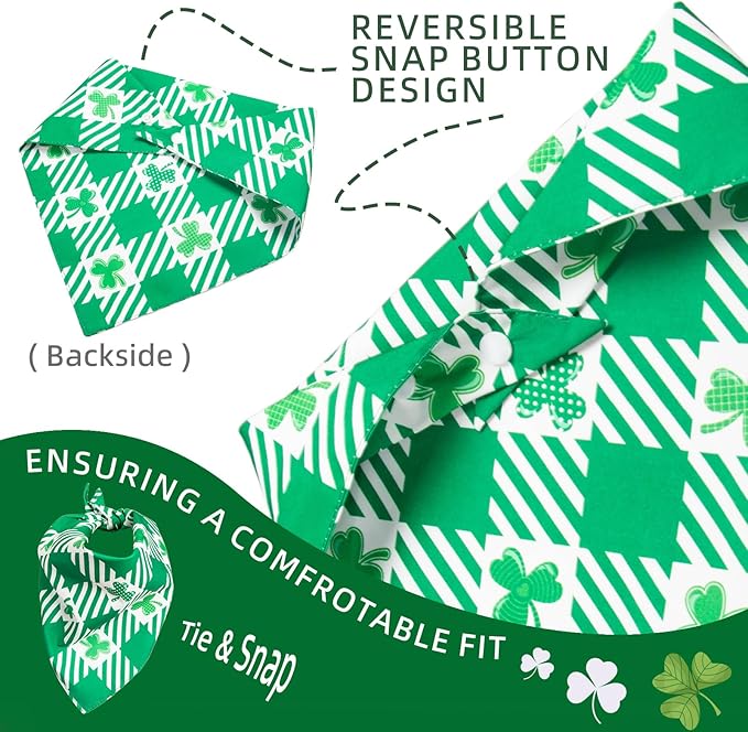 St Patricks Day Dog Bandanas Plaid Shamrock 3 Leaves - Pet Scarf with Adjustable Snap Button Cute Lucky Holiday Costumes for Irish Festivals, Large & Giant Breeds (75lbs+)