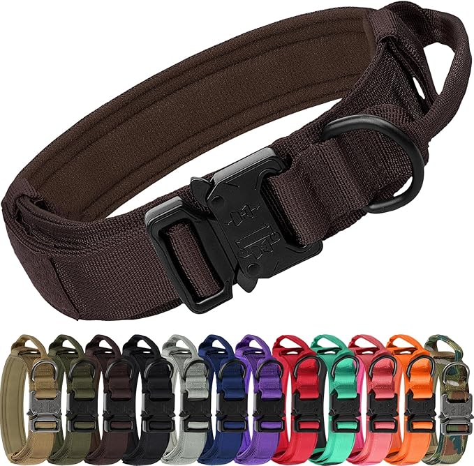 Joytale Tactical Dog Collar with Handle and Metal Buckle, Heavy Duty Padded Military Collar with 2 Patches for Training, Adjustable for Large Dogs, Brown, L