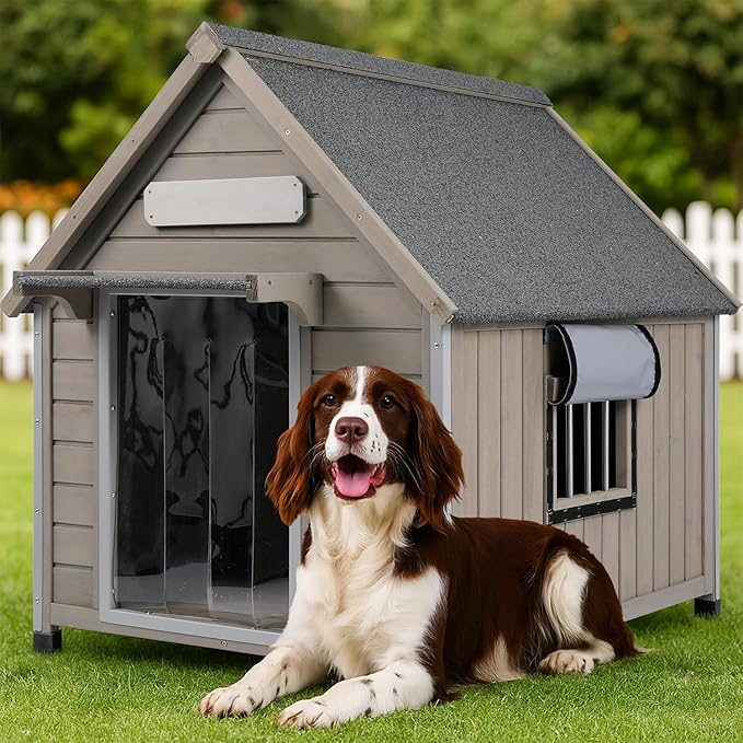 Outdoor Dog House Weatherproof, casa para Perros Wooden Medium-Large Breed with Anti-Chewing Iron Frame, Ventilated Window, Easy Clean and Assemble, 30.5" L x 37.4" W x39 H