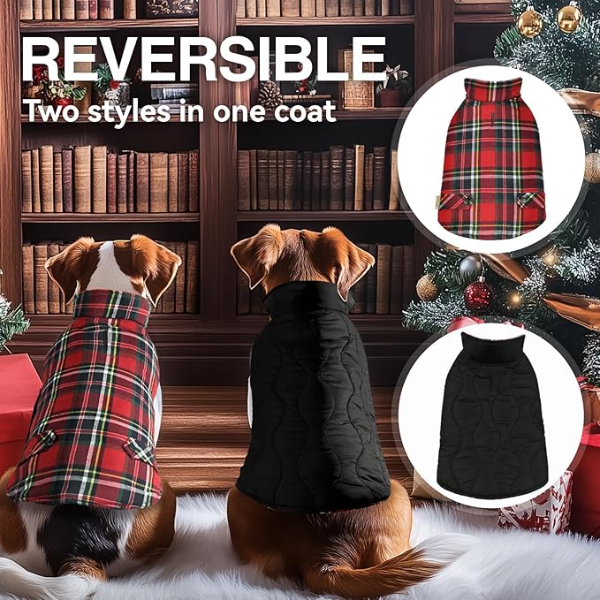 VIVAGLORY Softjoy Dog Coat, Dog Jacket for Winter & Christmas, Coat with Harness Hole, Reversible Plaid Checkered Warm Fluffy Heavy Duty for Puppy, S, Red