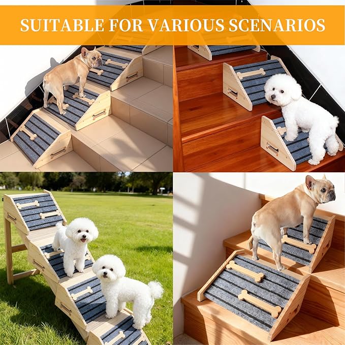 2-Pack Wooden Pet Stair Ramp - Felt Surface with Non-Slip Ribs Natural Pine Wood Suitable for Small Medium Dogs, assists Senior Dogs and Injured Pets up and Provides a Safe Indoor Passageway.