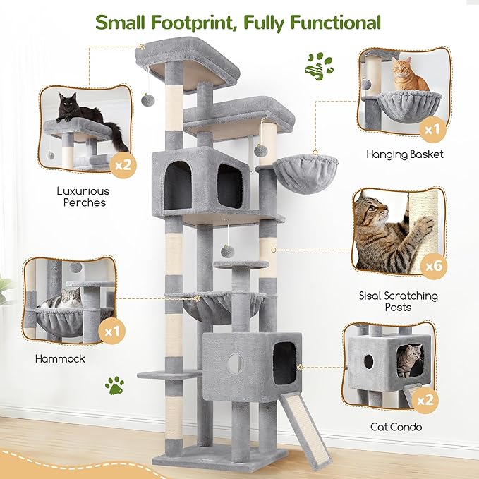Globlazer 80 Inch Cat Tree for Large Cats, Stable Multi-Level Cat Tree with 2 Condos & Sisal Scratching Posts for 2-3 Cats, Thickened Base Space Saving Cat Tree Tower, F80G, Light Gray