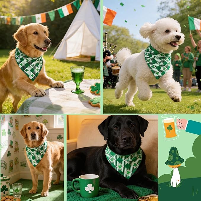 St Patricks Day Dog Bandanas Plaid Shamrock 3 Leaves - Pet Scarf with Adjustable Snap Button Cute Lucky Holiday Costumes for Irish Festivals, Medium & Large Breeds (30-75lbs)