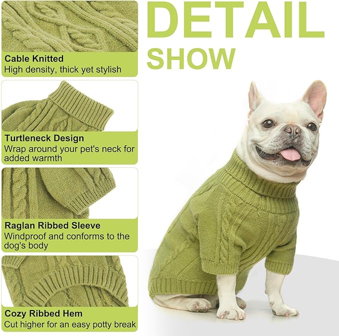 BEAUTYZOO Small Dog Sweater-Dog Sweatshirt Pullover Cable Knit Wear Classic Turtleneck Thick Cold Weather Clothes for Small Dogs, Medium Dogs, Puppies,Green Cable S (Back: 12", Chest: 16", Neck: 10")