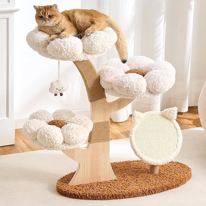797Audio Flower Cat Tree, 37" Wood Branch Cat Tower, White Cloud Cat Tree with Scratching Post for Indoor Adult Cats, Luxury Cat Tree with Cat Scratch Pad & Interactive Squeaky Hanging Toy
