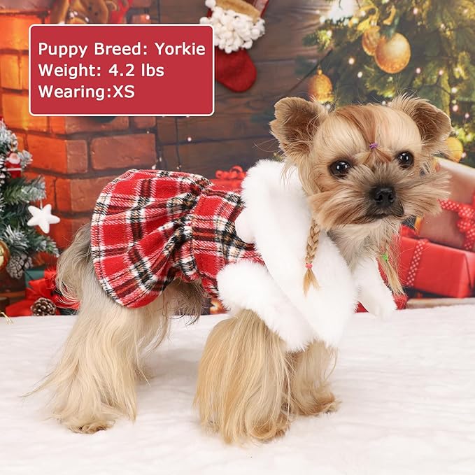 Dog Sweater with Leash Set D Ring Plaid Fleece Dog Clothes for Small Dogs Girl Boy Winter Puppy Dress Cold Weather Coat Fall Sweater for Chihuahua Yorkie Cat Doggy Costumes, Red, M