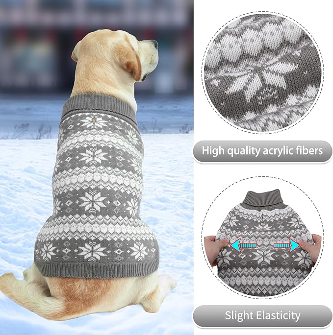 KOOLTAIL Cable Knit Dog Sweater Turtleneck, Cold Weather Pullover Classic Knitwear, Snowflake Pattern Thick Warm Winter Pet Clothes,Dog Christmas Sweater for Small Medium Large Dogs,Grey XL