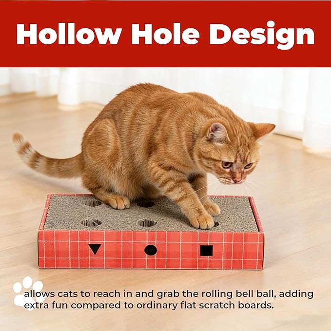 Cat Scratcher Cardboard 3-in-1 Interactive Cat Scratching Board with Bell Ball, Double-Sided Durable Corrugated Cat Toy for Indoor Cats