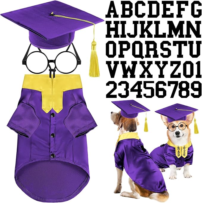 5 Pcs Dog Graduation Costume Set Include 2026 Pet Graduation Gown with Stole Puppy Grad Cap Lensless Glasses DIY Letter Stickers for Dogs Cats Holiday Costume Accessory(Purple Yellow,L)