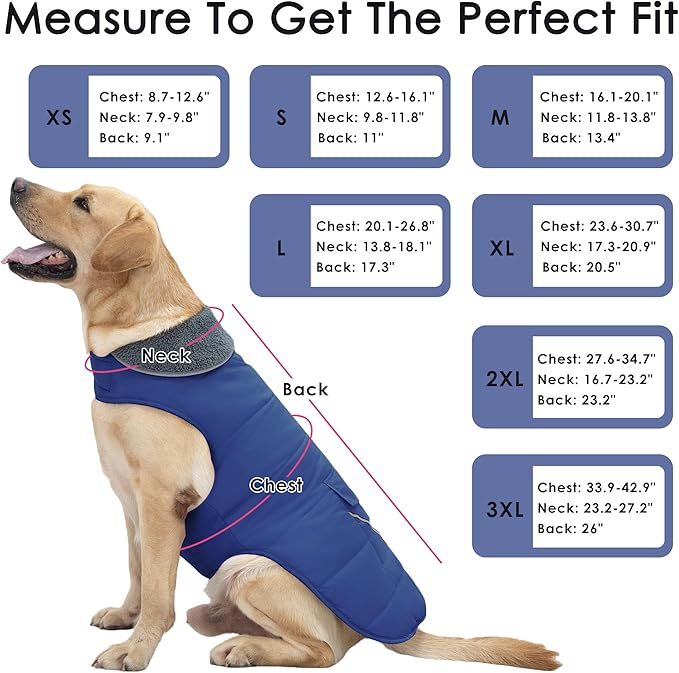 Dog Coat, Waterproof Dog Winter Jacket with Pocket, Reflective Adjustable Pet Snow Vest, Warm Cozy Fleece Sweater for Small Medium Extra Large Dogs - Blue, L
