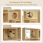 Bookcase Wooden Cat Tree, Natural Color Bookshelf Indoor Cat House Pet Furniture, Display Case with Storage, Cat Litter Box Enclosure Climbing Shelf