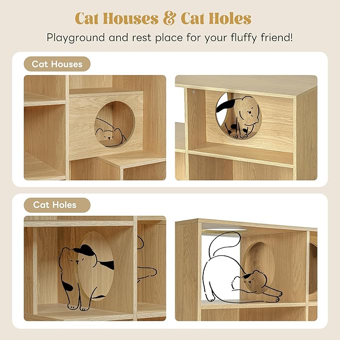 Bookcase Wooden Cat Tree, Natural Color Bookshelf Indoor Cat House Pet Furniture, Display Case with Storage, Cat Litter Box Enclosure Climbing Shelf