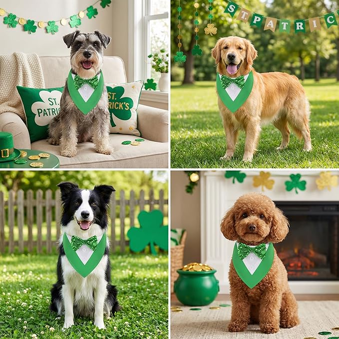 ADOGGYGO St.Patrick's Day Dog Tuxedo Bandana, Green Pet Tux Collar with Bowtie Adjustable St Patricks Costume for Medium Dogs Pets (M)