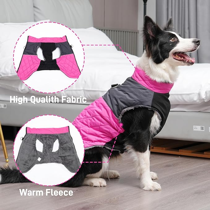 Warm Fleece Dog Coats for Medium Dogs,D-Rings Waterproof Puppy Jacket for Cold Winter,Pink XL
