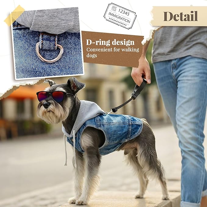 Cool Dog Jean Jacket Vest with D-Ring Blue Denim Dogs Hoodies Outfits for Small Medium Dogs Cats Boy Male Dog Clothes Costume Dogggie Puppy Harness Coat for Frenchie Walking(Grey Hat,S)