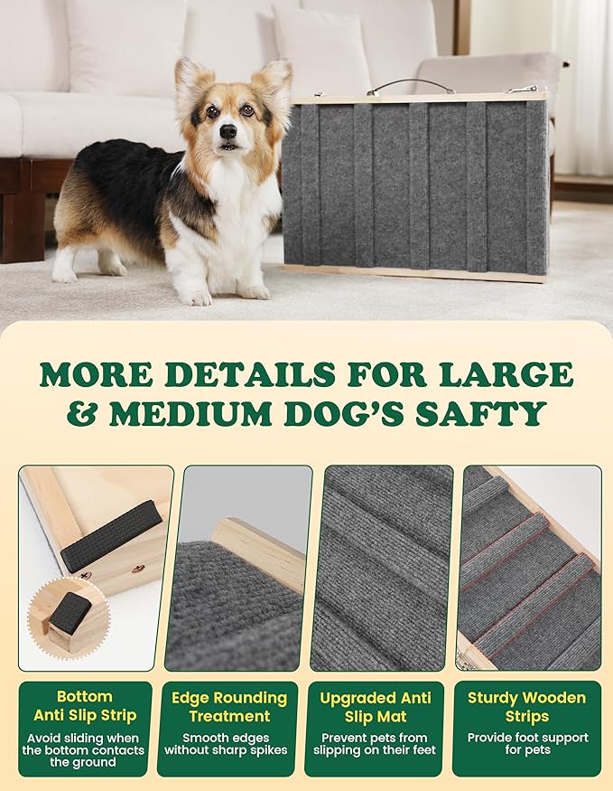 Dog Ramp Dog Stairs for Large Dogs Foldable Dog Ramp with 5 Adjustable Heights from 13.98'' to 27.56" Wood Pet Ramp with Non Slip Carpet Portable Puppy Ramp for Couch, Sofa, Bed, Car