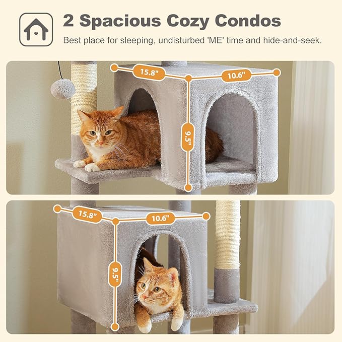 PEQULTI 62" Cat Tree for Indoor Cats, Multi-Level Cat Tower with Cozy Cat Condo Clearance Prime, Grey