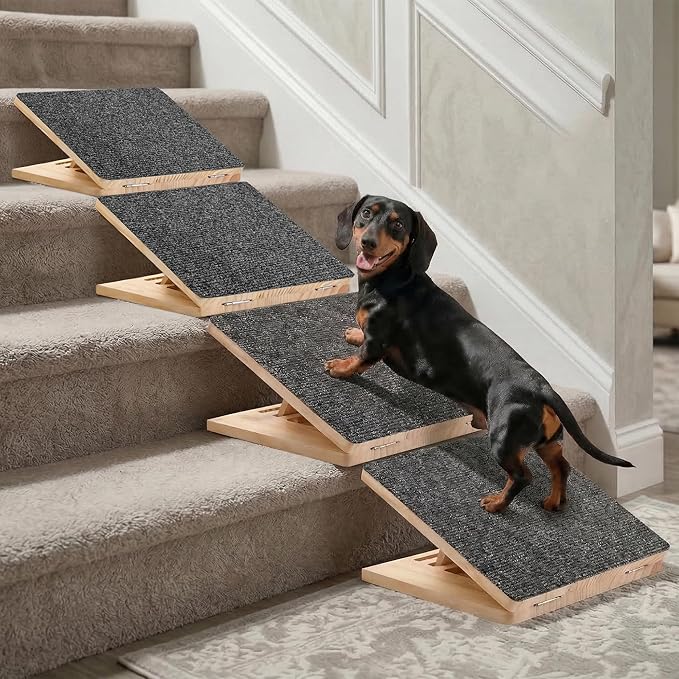 Dog Ramp for Stairs 4 Pack - Adjustable Wooden Stair Wedges for Small Dogs, Foldable Indoor Dog Stair Ramp with Triangular Support and Non-Slip Pads for Senior and Short-Legged Pets