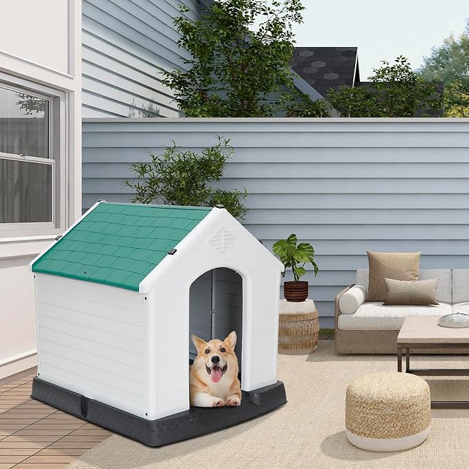 ZENY Plastic Dog House - Waterproof Dog Kennel with Air Vents and Elevated Floor All Weather Indoor Outdoor Insulated Doghouse Puppy Shelter, Easy to Assemble (Green, 28inch)