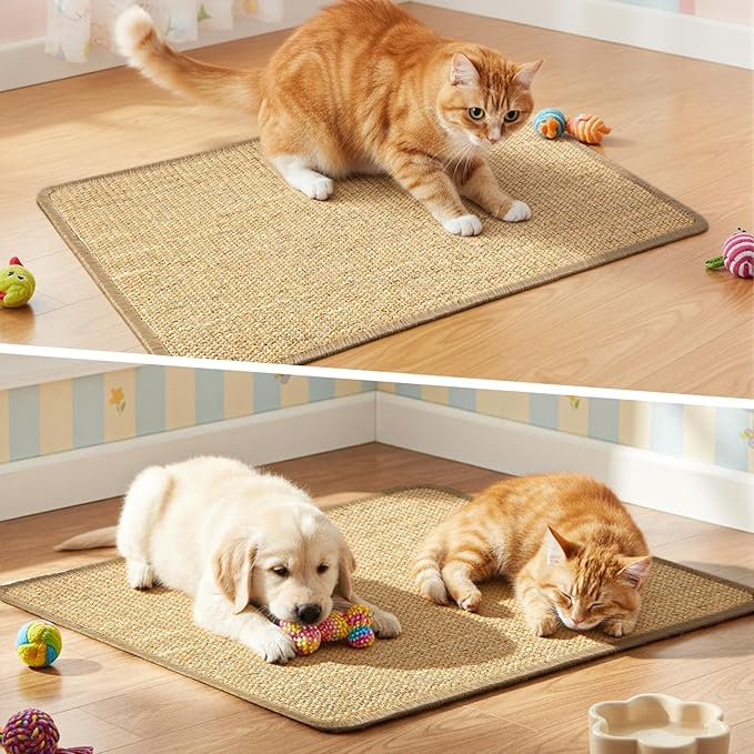 2 Pack 23.6 X 15.7 Inch Cat Scratch Mat, Natural Sisal Cat Bunny Rabbit Scratching Pad with Jute Border, Durable Scratch Rug, Natural Fabric Horizontal Cats Pad for Furniture Sofa and Wall(Beige)
