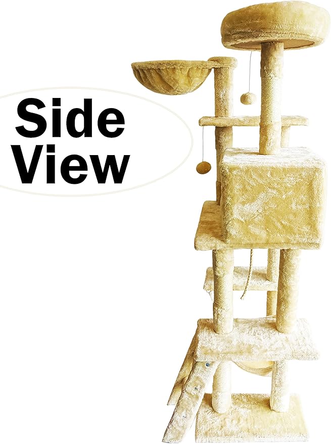 Beige Cat Tree Tower for Indoor Cats & Kittens, 57" Tall Multi-Level with Comfy Perch & Basket, Hideaway Condo, Sisel Scratcher Posts & Ladder, Ball Toys, & Dangling Rope - by SciencePurchase