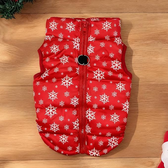 Idepet Pet Dog Cat Coat with Leash Anchor Color Patchwork Padded Puppy Vest Jacket Teddy Chihuahua Costumes Pug Cloth XS S M L(X-Small,Red-Snowflake)