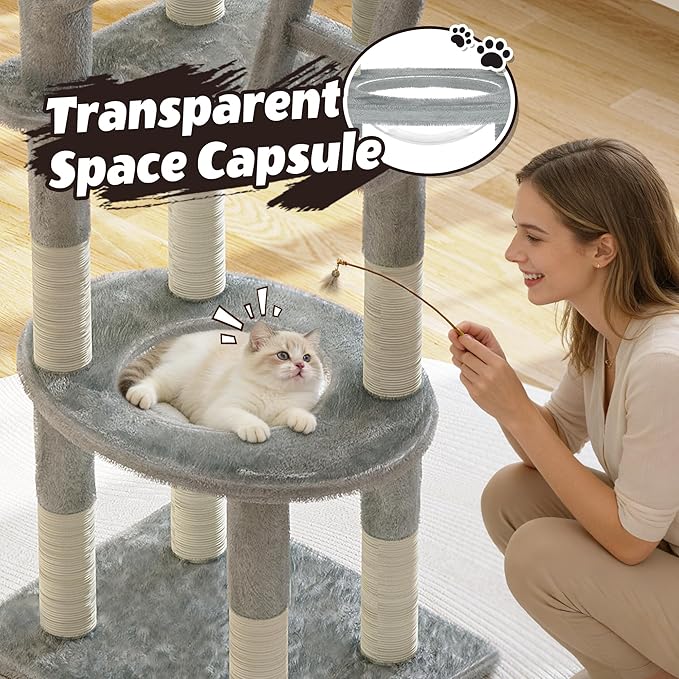 Cat Tree, 72in Indoor Cactus Cat Tree with Transparent Capsule, Sisal Scratching Posts, Plush Perches and Interactive Toys for Kittens and Large Cats, Gray