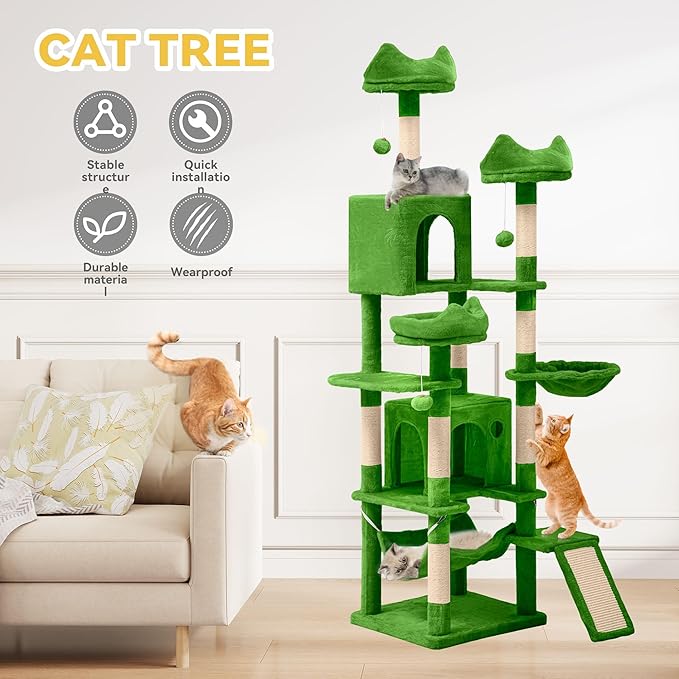 DWVO 75 in Multi-Level Cat Tower: Tall Cats Tree for Indoor Kittens, Pet Furniture with Kitty Condos, Top Perches, Sisal Ramp Scratching Posts, Cozy Basket, Hammocks, Green