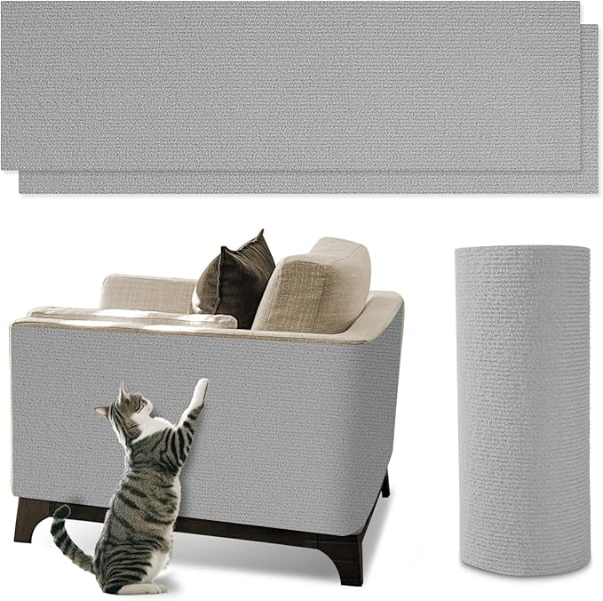 2 Pack Total 12 X 78 Inch Cat Scratch Mat for Cat Couch Furniture and Wall Protector | Trimmable Self-Adhesive Carpet Sisal Cat Scratcher Mat (Grey)